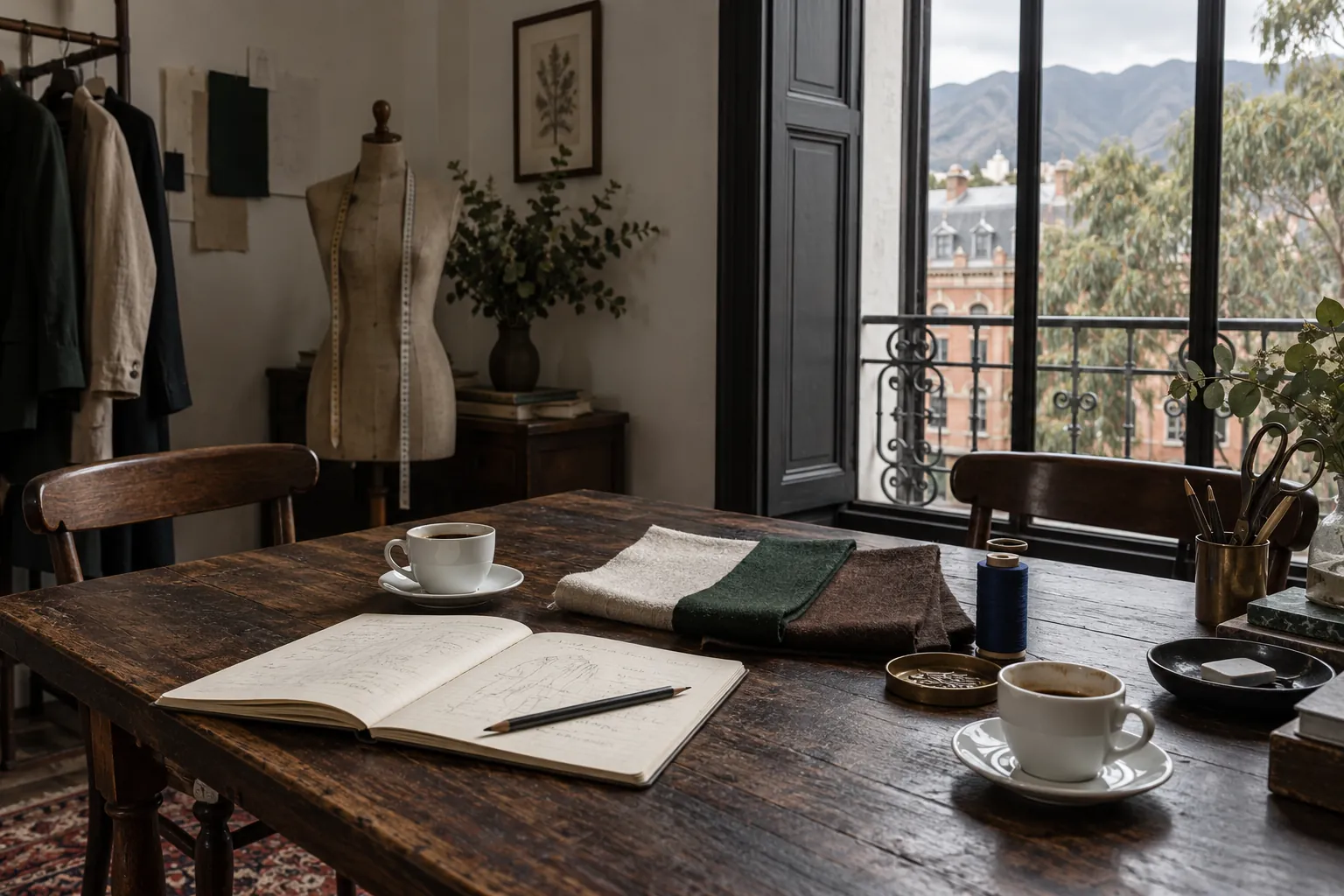 Mesa de consulta en un atelier de Bogotá: dos tazas de tinto, un cuaderno abierto y muestras de lino y lana. Por la ventana, ladrillo y cerros.