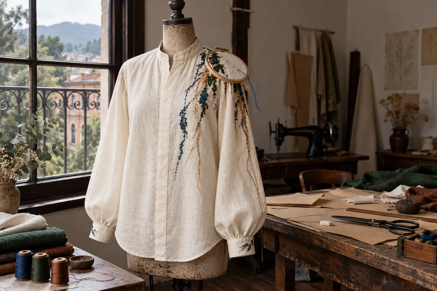 Camisa marfil en un maniquí junto a la ventana, con el bordado a medio hacer y un bastidor en el hombro.