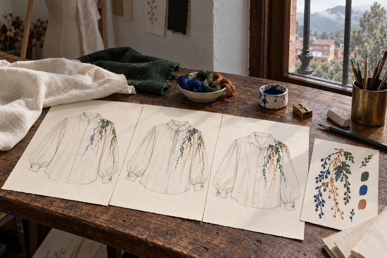 Tres bocetos a lápiz de la camisa de cuello mao, con variaciones del bordado, junto a estudios en gouache verde, cobalto y cobre.